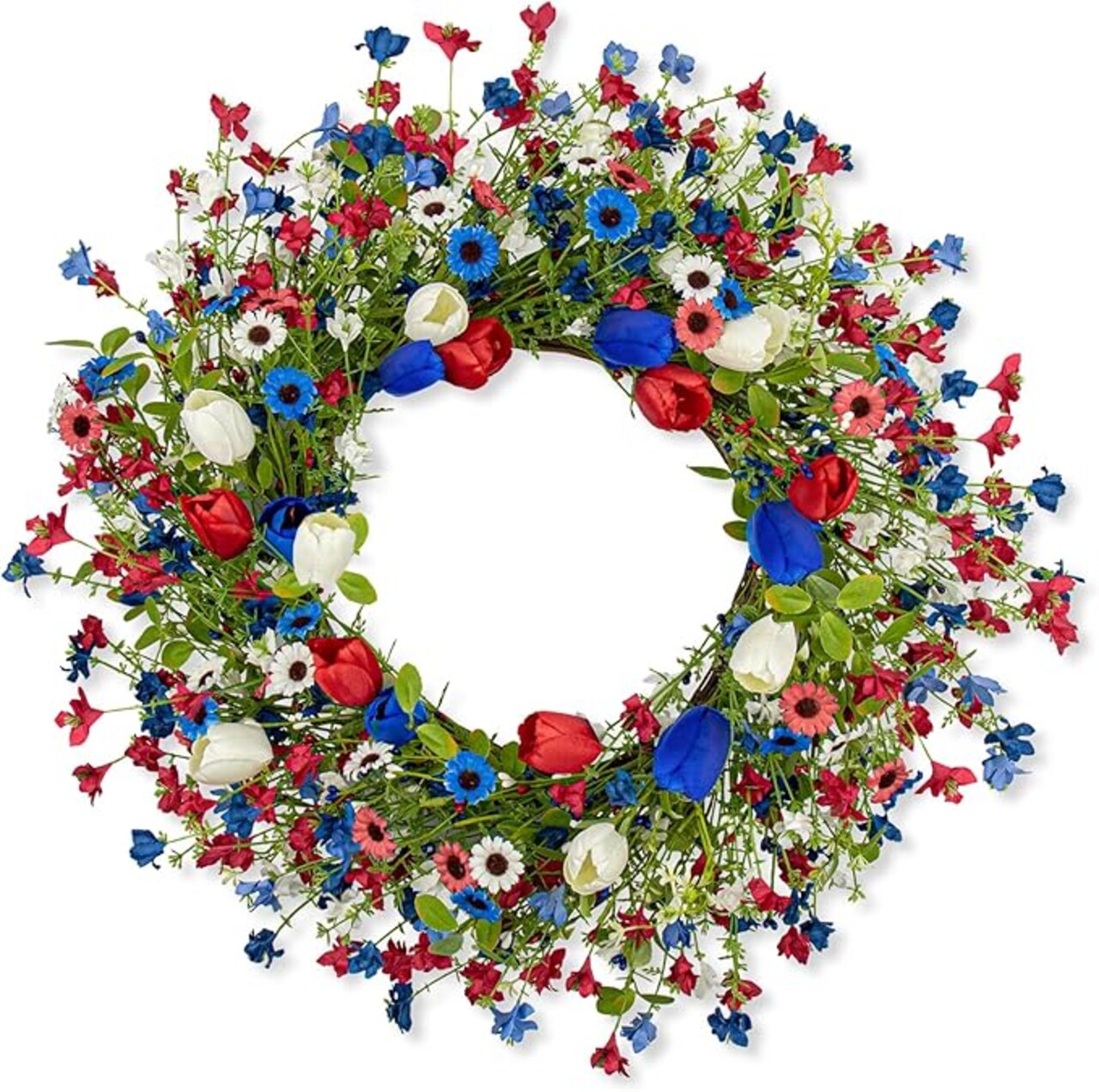 22 Inches Patriotic Wreaths for Front Door 4th of July Wreath Independence Day Wreath with Red White and Blue Tulip Flowers for Window Wall Front Porch Memorial Flag Day 250th Anniversary USA Decor